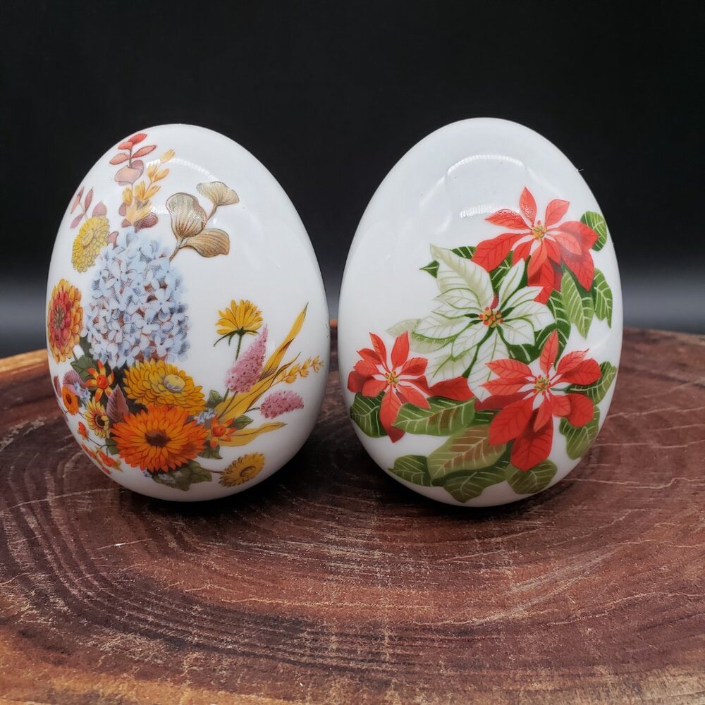 Avon Porcelain Egg Pair Autumn’s Color & Winter’s Treasure 1987 Vintage Set